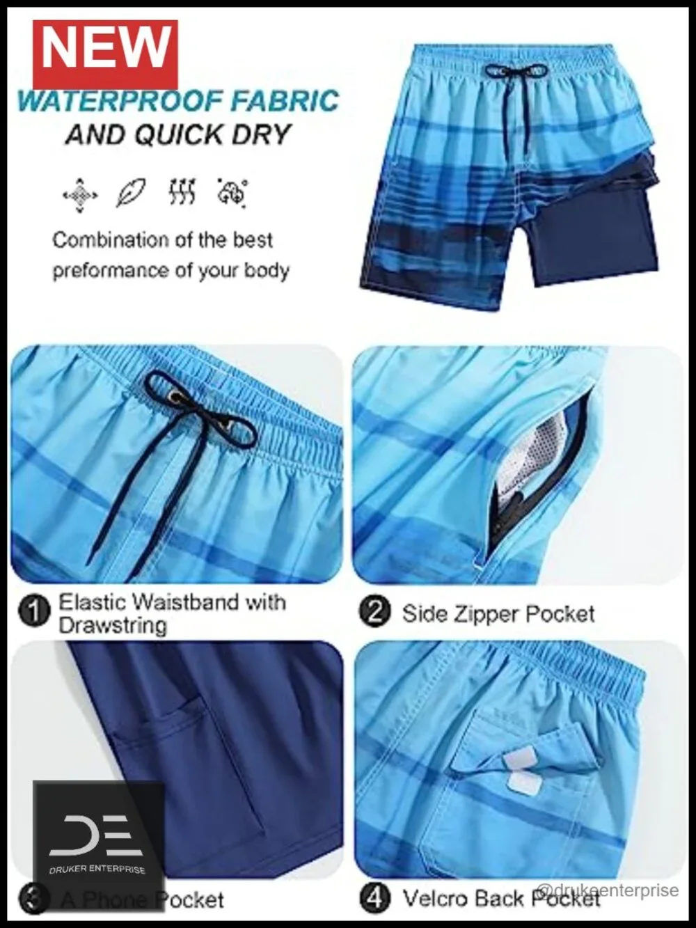 Men's Quick Dry Swim Trunks Compression Liner 2 in 1 Swimsuit